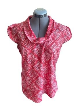 Banana Republic Pink White Geometric Print Cowl Neck Blouse Cap Sleeve Top Y2K